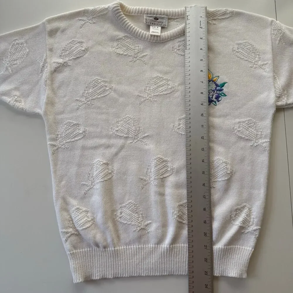 Vintage Worthington Sweater 80s Floral Embroidery Hearts Kitsch Cute Size Medium